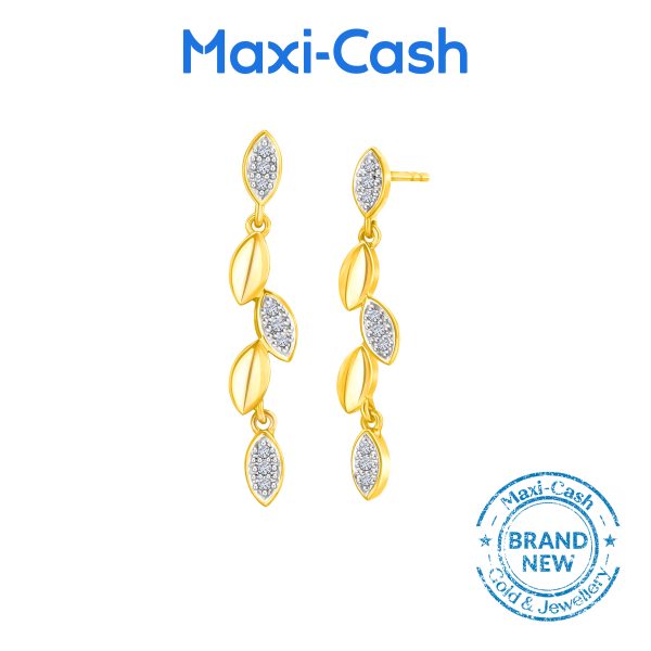 Diamond Leaf Vine Dangling  Earrings in 18K Yellow Gold
