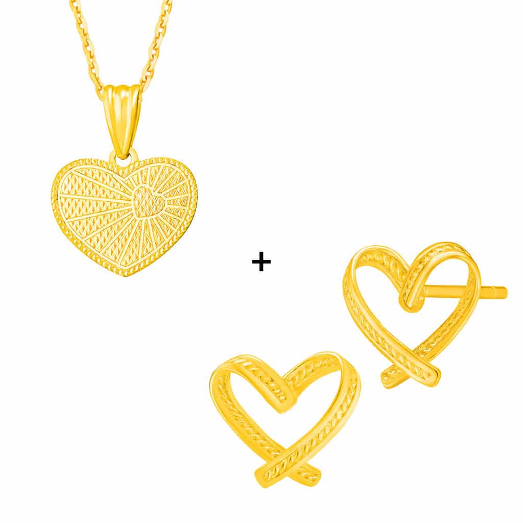 Duo Heart Pendant in 916 Gold & Heart Earrings in 916 Gold