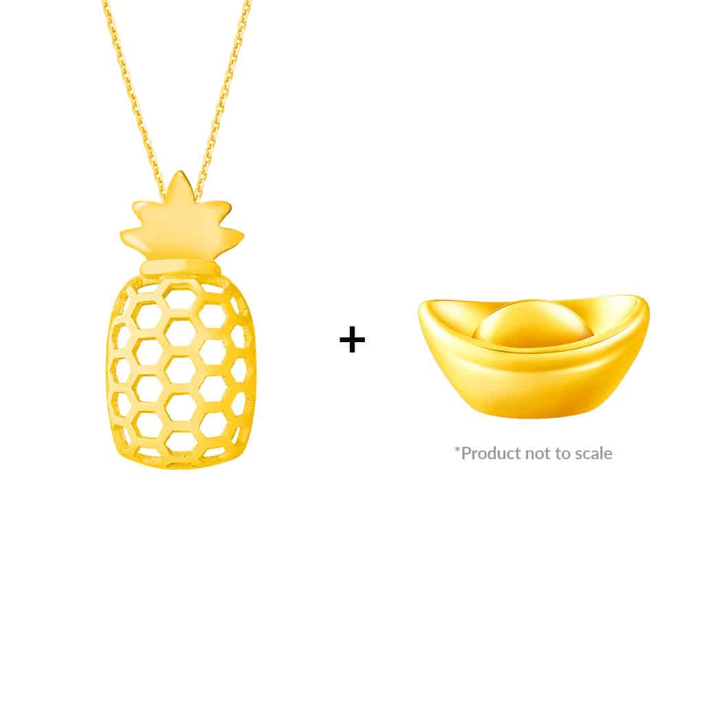 Gold Pineapple Pendant in 916 Gold & 1gm Petite Gold Ingot (Gold Bean) in 999 Gold