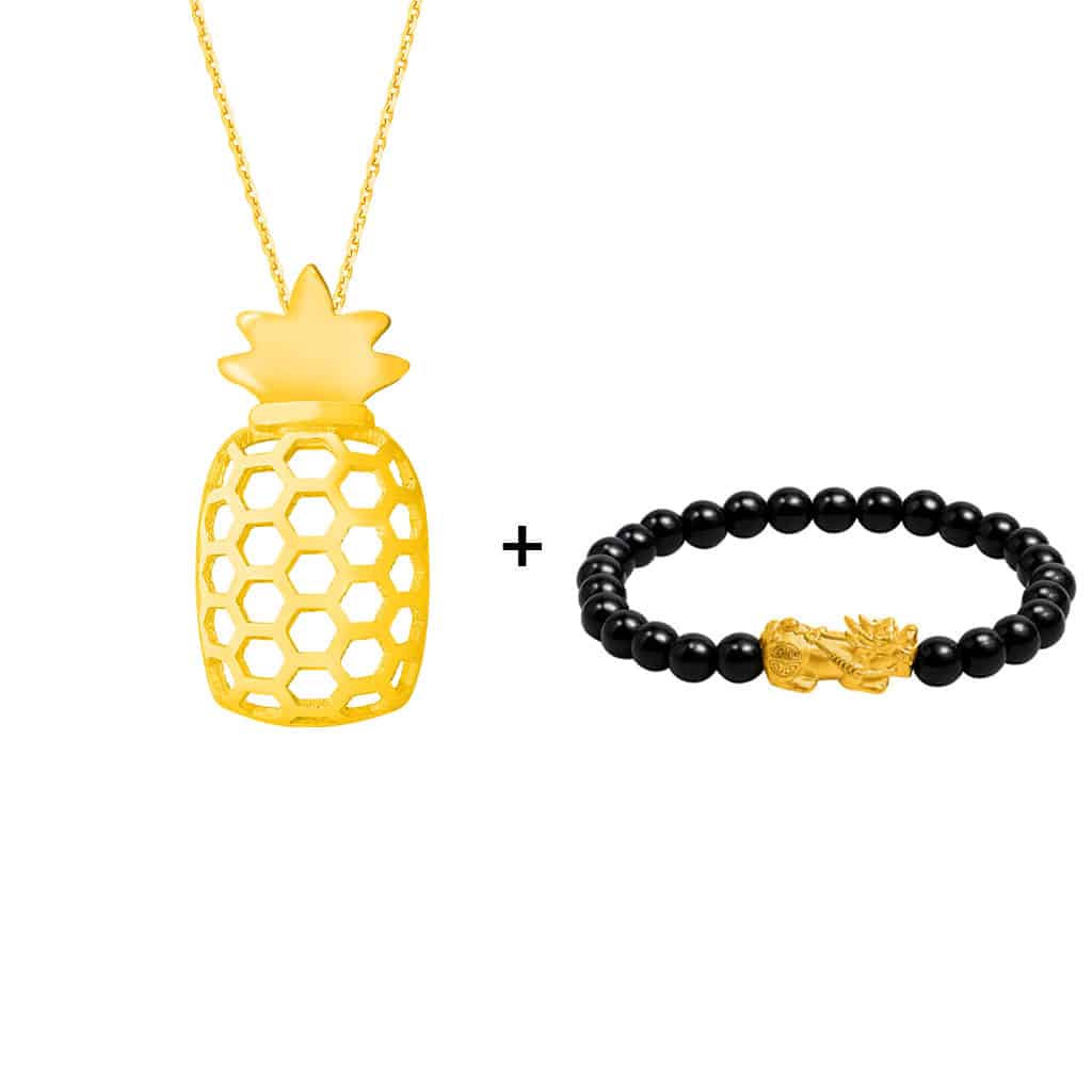 Pineapple Pendant in 916 Gold & Chinese Coin Pixiu in 999 Gold