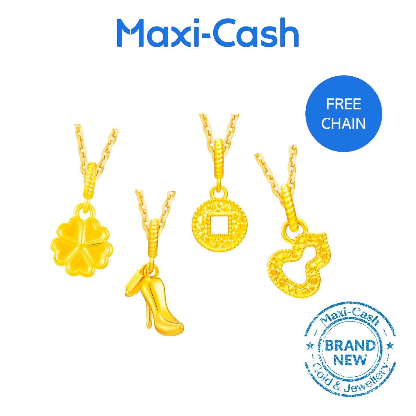 Buy 1 Get 3 Free (2 Pendants + 2 Chains) Pendants in 916 Gold